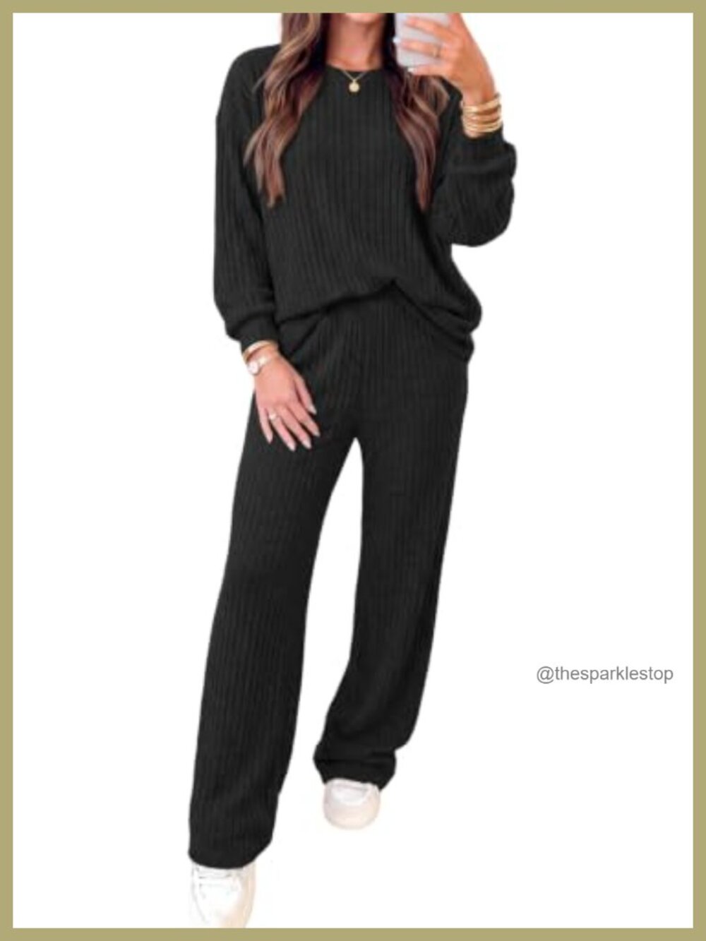 Women's Ribbed Knit 2 Piece Sweater & Wide Leg Pants Lounge Set
